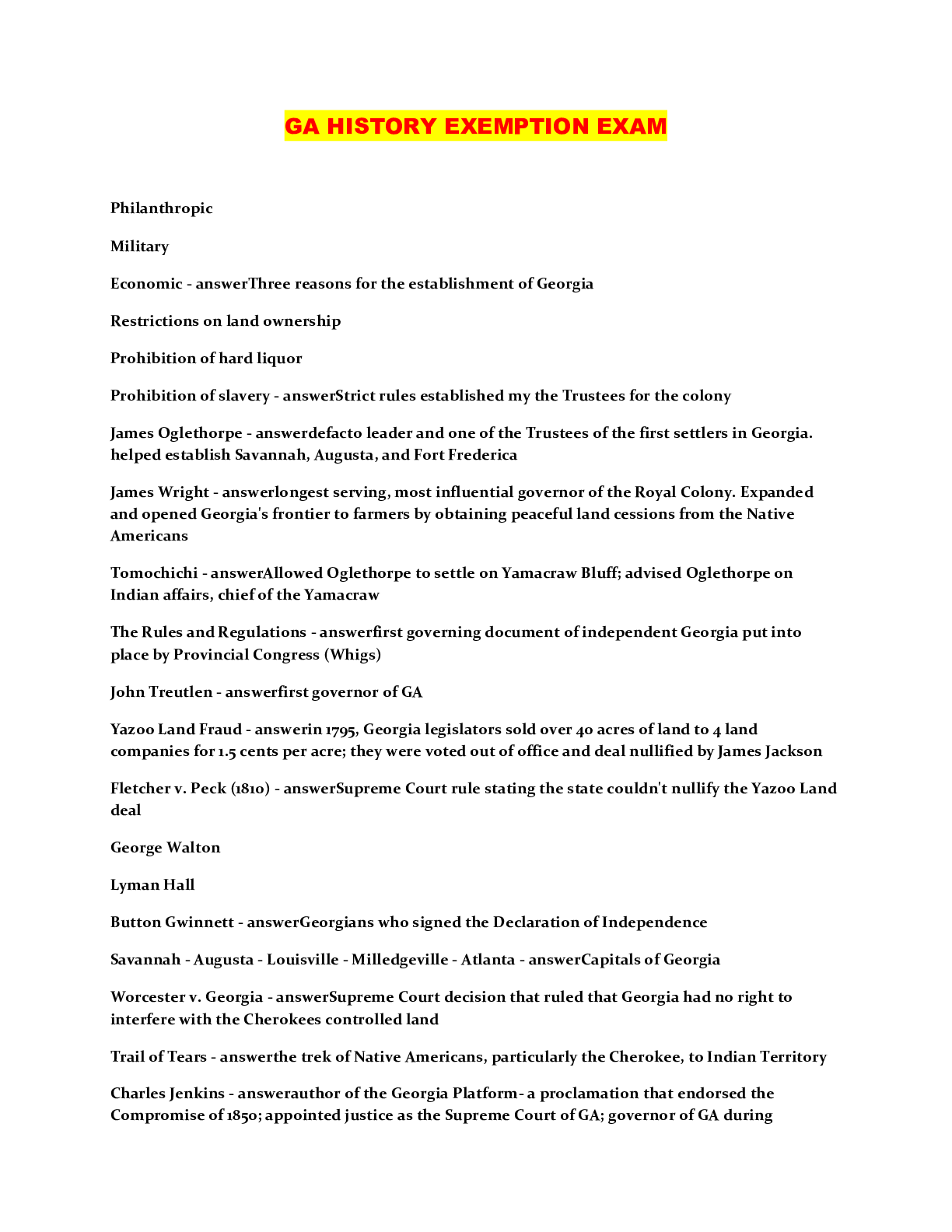 GA HISTORY EXEMPTION EXAM Browsegrades